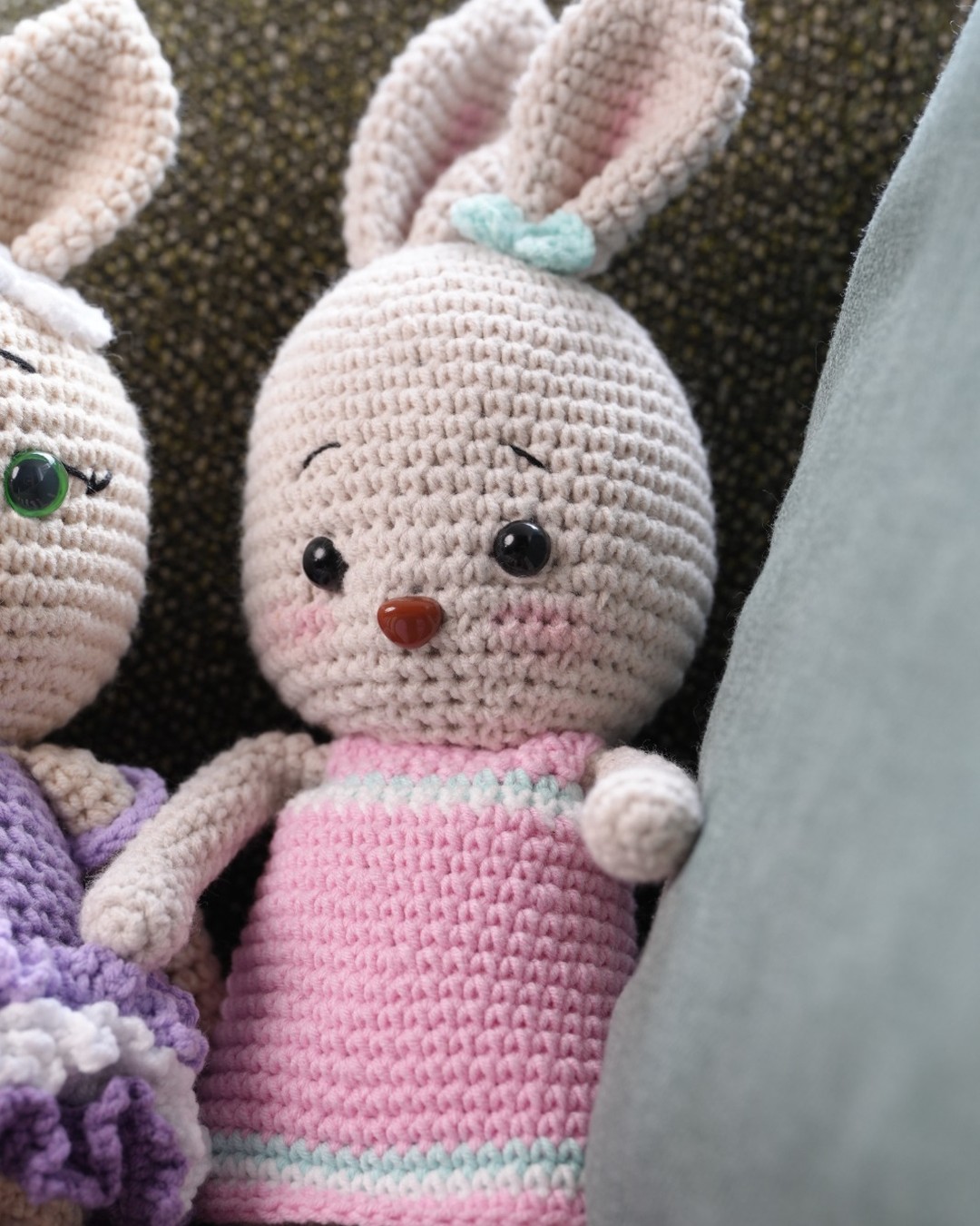 Doe Rabbit in pink dress with mint bow