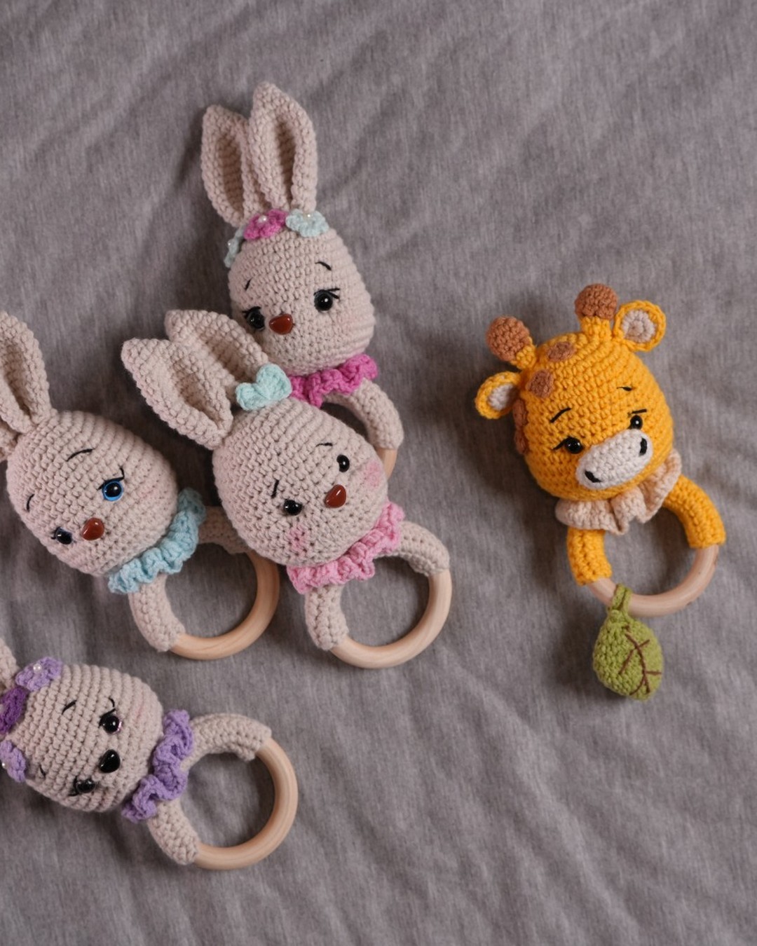Gigi Yellow Giraffe baby teether with wooden ring among bunny teethers